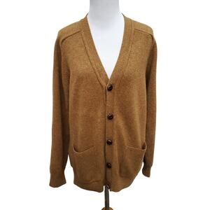 LL Bean Grandpa Cardigan Sweater Brown Lambswool Wooden Buttons Pockets Large